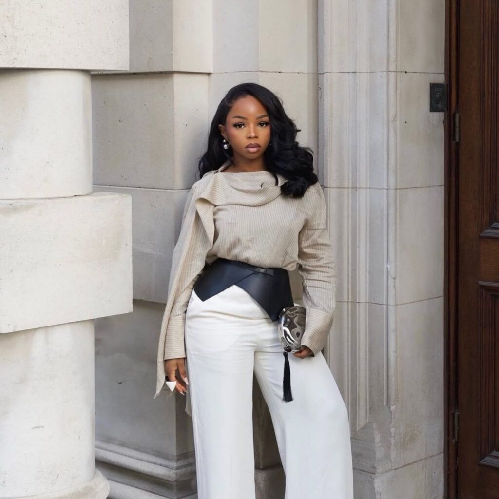 Striped Blouse and Wide-Leg Pants with Obi Belt — Outfits for Short Torso