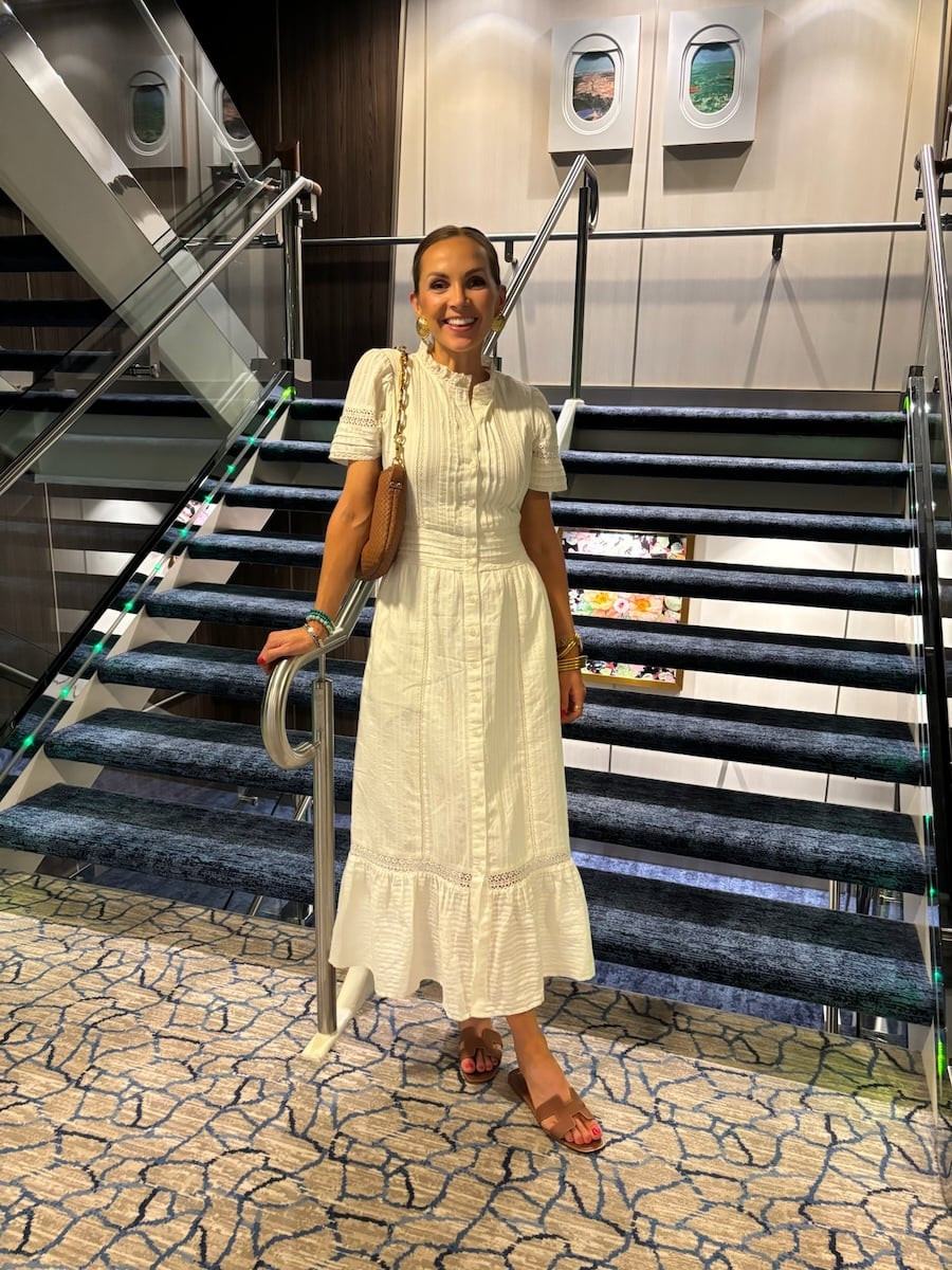 White Midi Dress with Lace Trim and Espadrille Wedges — Cruise Dinner Outfits