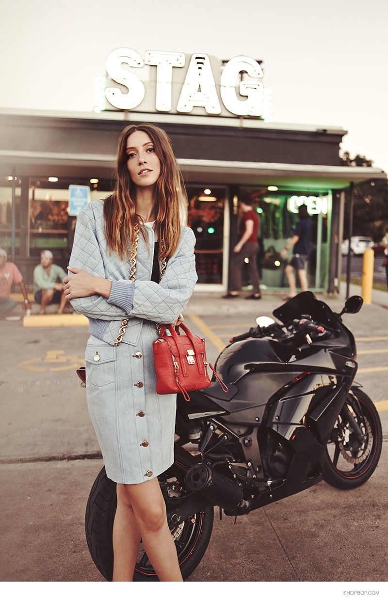 Light Blue Denim Mini Skirt with Quilted Jacket and Red Handbag Light Blue Denim Mini Skirt with Quilted Jacket and Red Handbag — Texas Outfits