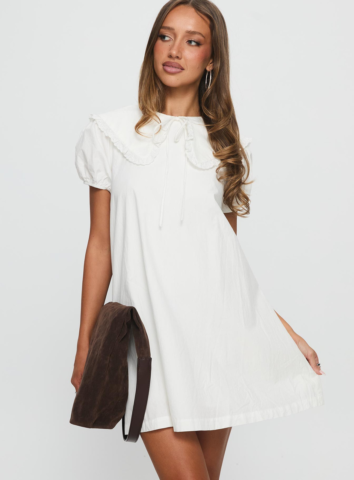 White Cotton Babydoll Mini with Oversized Collar — Babydoll Dresses