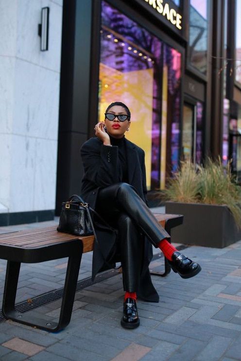 Leather Pants and Coat with Red Socks and Chunky Loafers — Penny Loafers Outfits