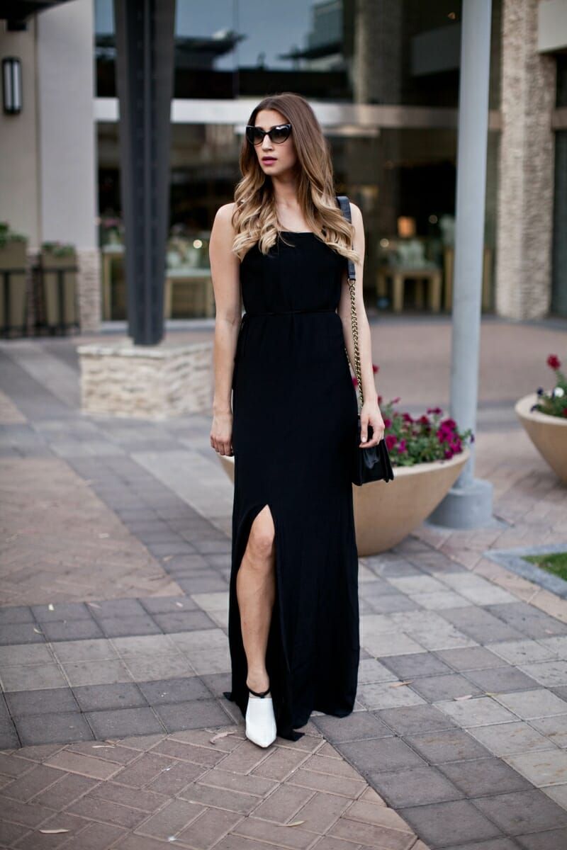 Black Jersey Maxi Dress with Thigh-High Slit and White Ankle Boots Black Jersey Maxi Dress with Thigh-High Slit and White Ankle Boots — Charity Gala Outfits