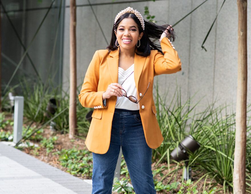 Bold Orange Crepe Blazer with Denim Jeans for Smart Casual Bold Orange Crepe Blazer with Denim Jeans for Smart Casual — Lawyer Outfits