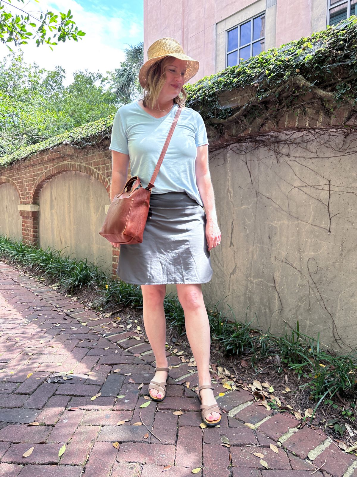 Grey Faux Leather Mini Skirt with T-Shirt and Hat — Charleston Outfits
