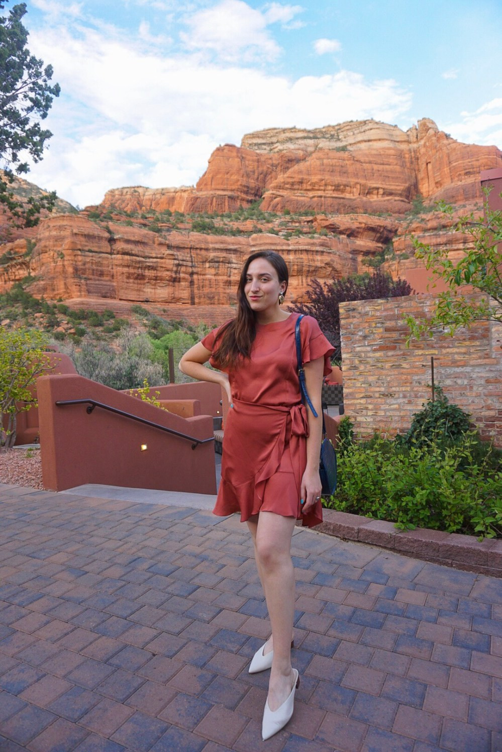 Rust Satin Wrap Dress for Casual Elegance — Sedona Outfits