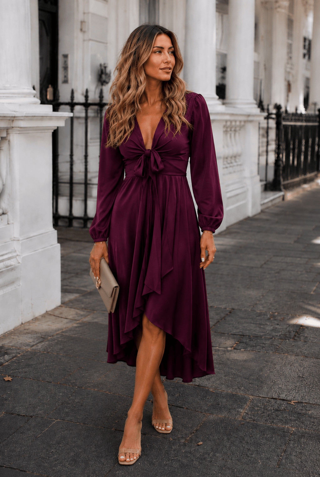 Deep Purple Satin Wrap Dress with High-Low Hem — Long Sleeve Dresses