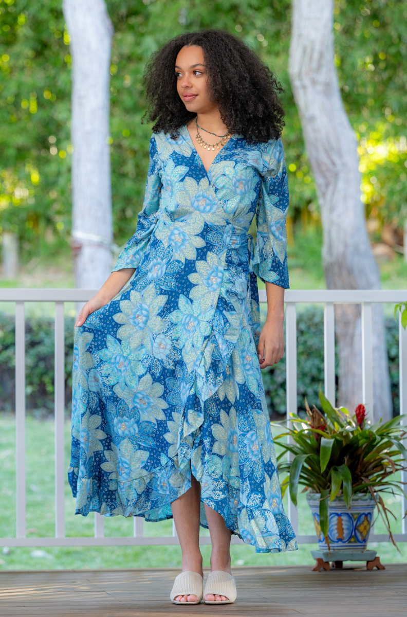 Blue Floral Midi Wrap Dress with Ruffled Hem Blue Floral Midi Wrap Dress with Ruffled Hem — Wrap Dresses