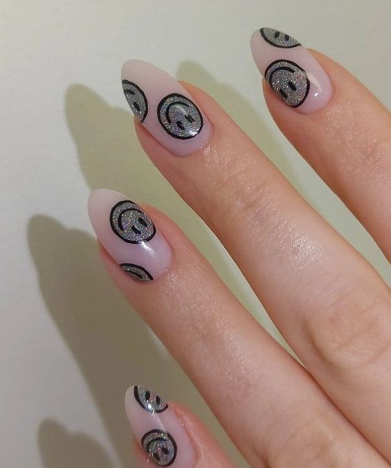 Sheer Pink Glitter with Black Smileys — Smiley Face Nails