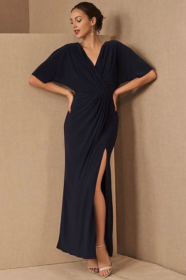 Navy Wrap Maxi Dress with V-Neckline and High Slit Navy Wrap Maxi Dress with V-Neckline and High Slit — Dresses for Broad Shoulders