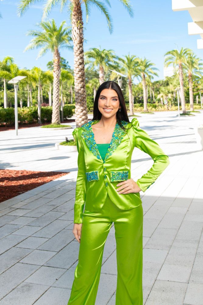 Lime Green Satin Suit with Beaded Embellishments for a Bold Interview Lime Green Satin Suit with Beaded Embellishments for a Bold Interview — Interview Dresses