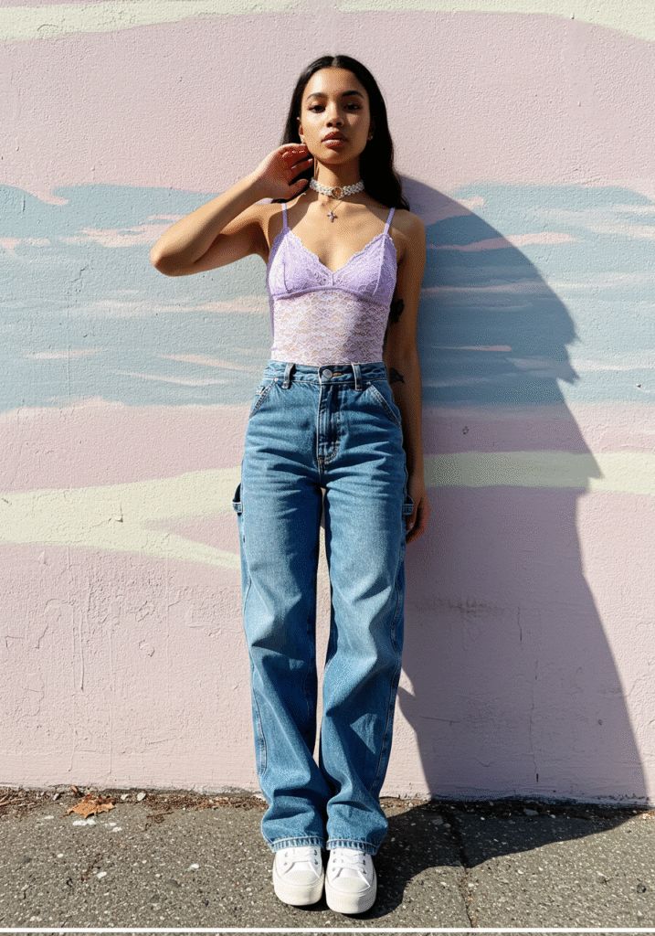 Lace Bodysuit Meets Baggy Jeans for a Streetwear Twist Lace Bodysuit Meets Baggy Jeans for a Streetwear Twist — Outfits for Women in Their 20s