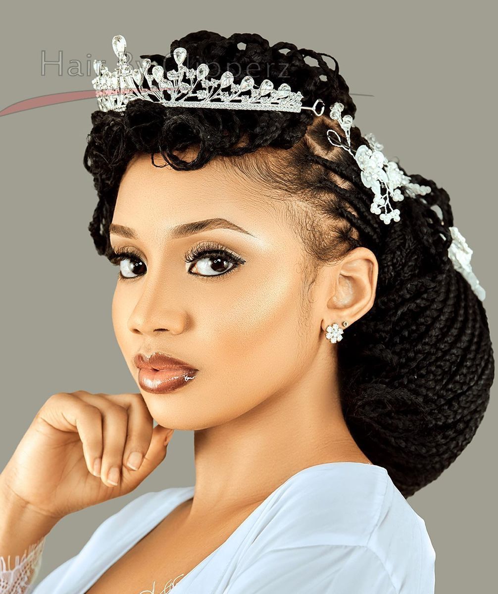 Mid-Back Elaborate Braided Updo With Tiara Mid-Back Elaborate Braided Updo With Tiara — Wedding Hairstyles for Black Women