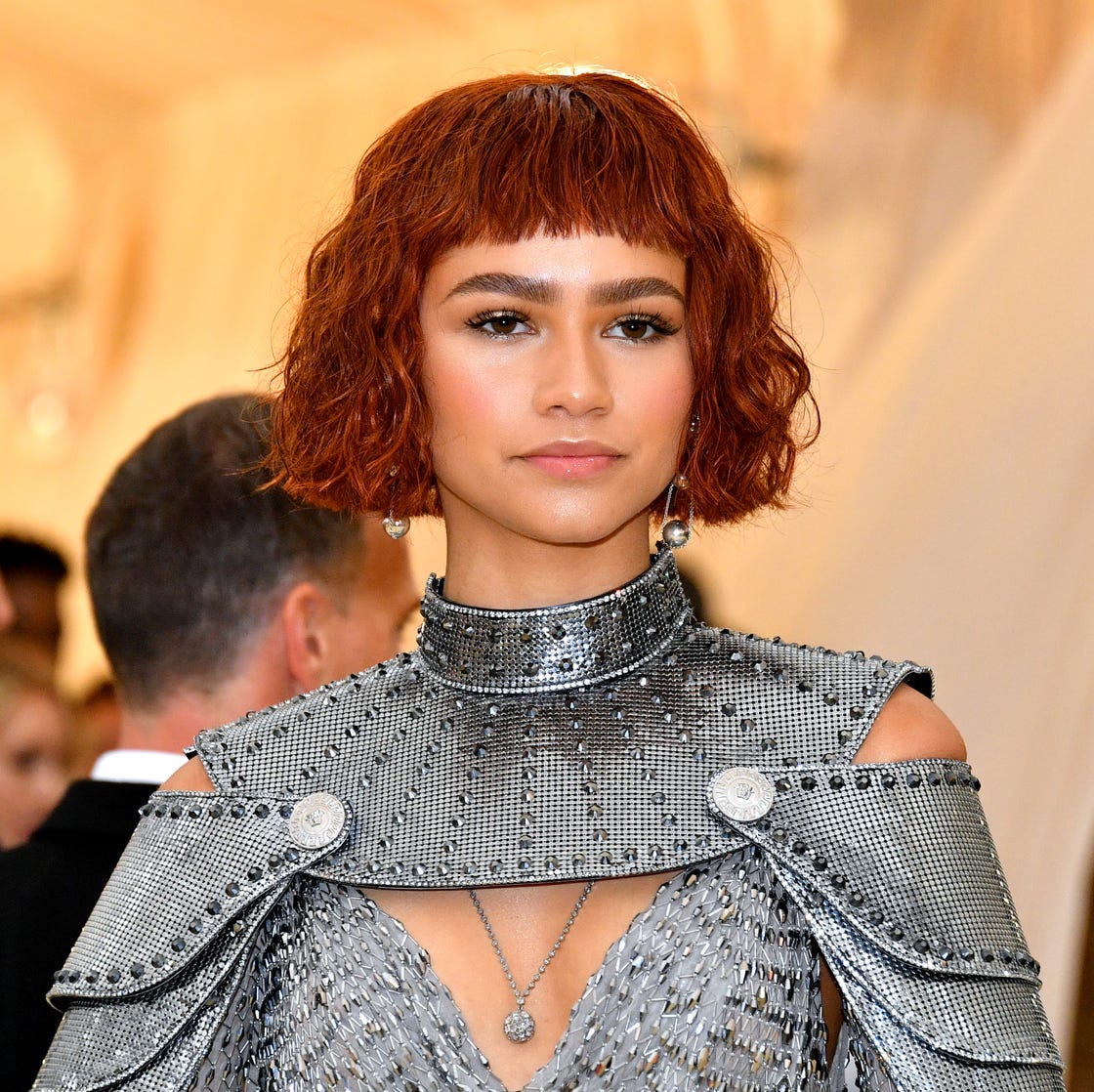 Metallic High-Neck Top with Red Baby Bangs and Cut-outs Metallic High-Neck Top with Red Baby Bangs and Cut-outs