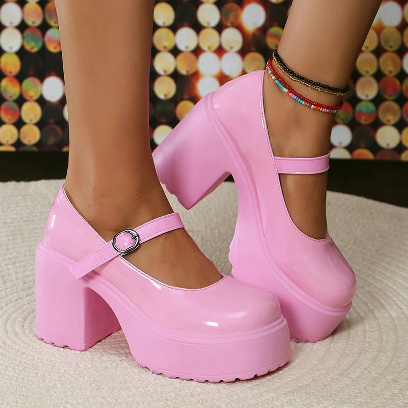 Bright Pink Patent Mary Janes with Anklets — Chunky Mary Janes Outfits