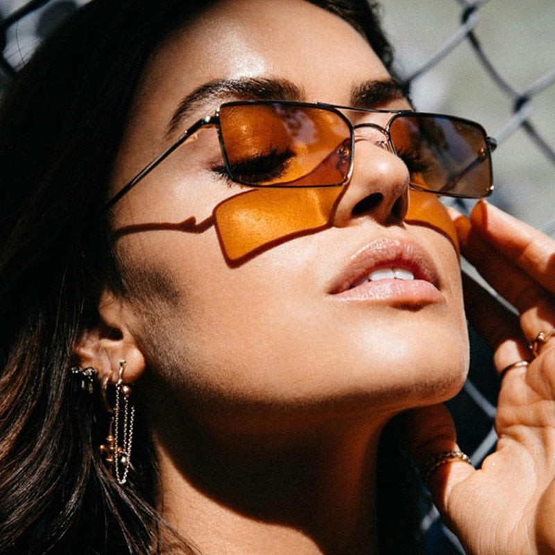 Orange Tinted Rectangle Sunglasses with Gold Hoops Orange Tinted Rectangle Sunglasses with Gold Hoops — Rectangle Sunglasses Outfits