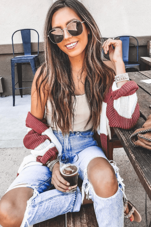 Edgy Striped Cardigan with Distressed Denim Edgy Striped Cardigan with Distressed Denim — Brewery Outfits