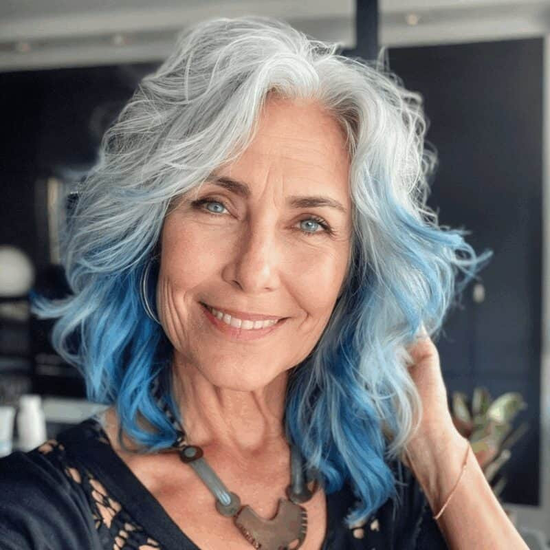 Natural Grey Base With Blue Tips Natural Grey Base With Blue Tips — Hair Color for Older Women
