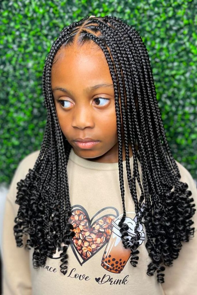 Front View Mid-Back Braids With Defined Curly Ends Front View Mid-Back Braids With Defined Curly Ends — Kids Knotless Braids