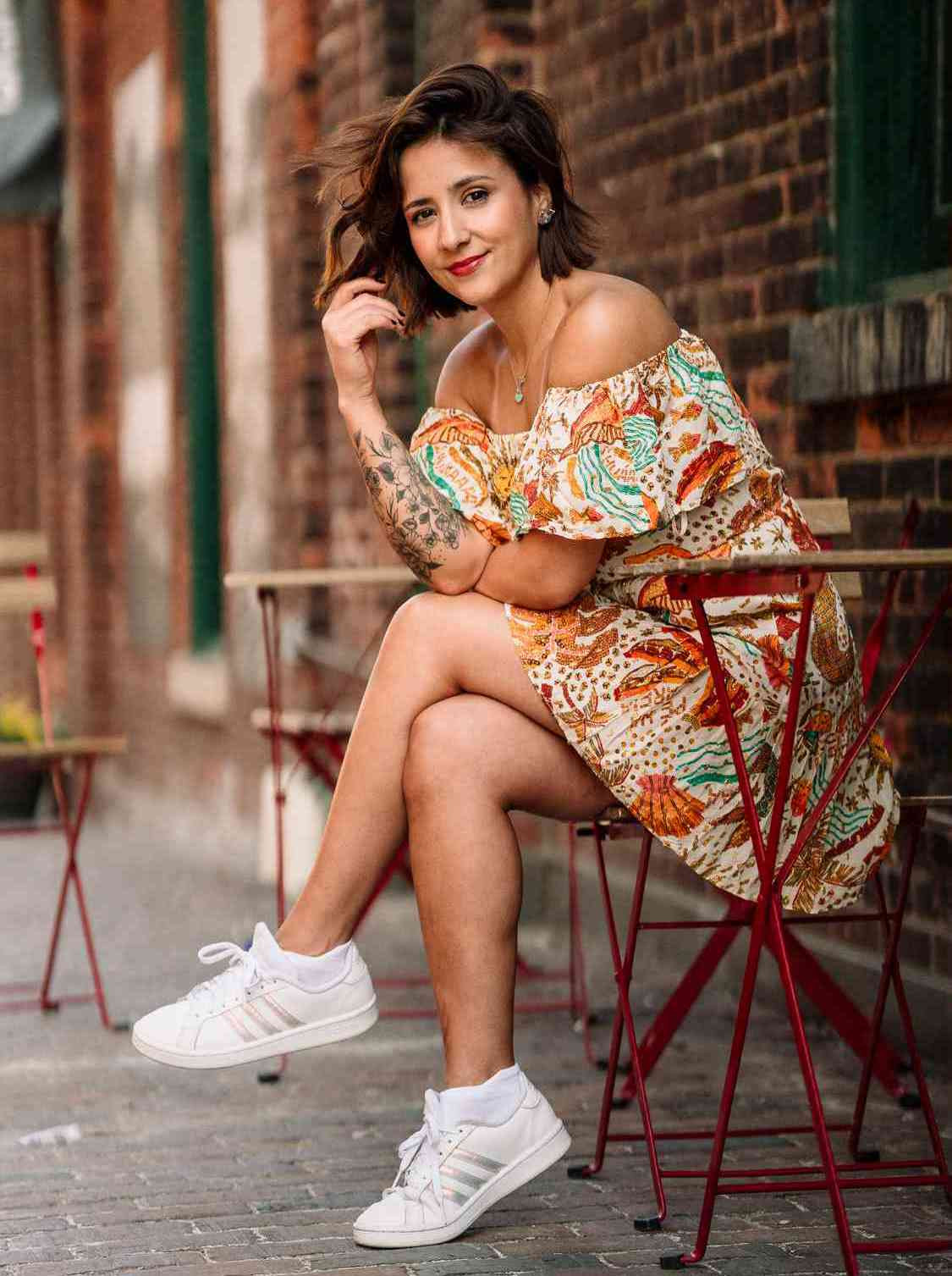Cream Off-the-Shoulder Dress with Multicolor Print and Sneakers — Sneakers with Dress Outfits