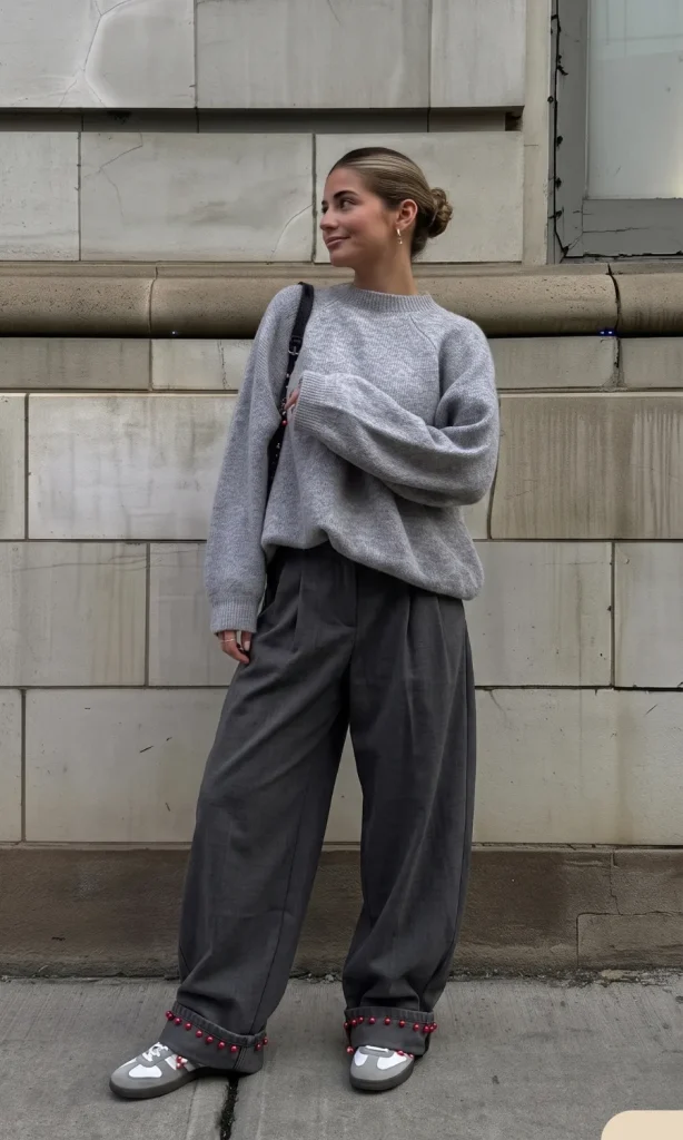 Elevated Loungewear: Grey Knit Set with Embellished Sneakers — It Girl Outfits