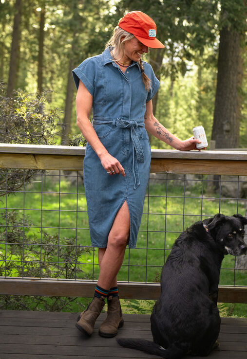 Midi Denim Shirt Dress with Ankle Boots and Cap Midi Denim Shirt Dress with Ankle Boots and Cap — Shirt Dresses