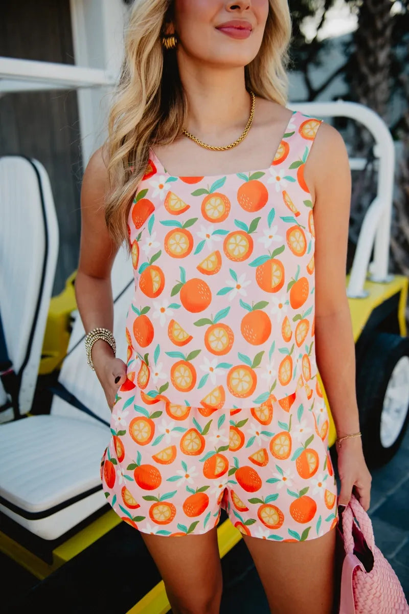 Playful Pink Tank Top and Shorts with All-Over Orange Print Playful Pink Tank Top and Shorts with All-Over Orange Print — Two Piece Sets