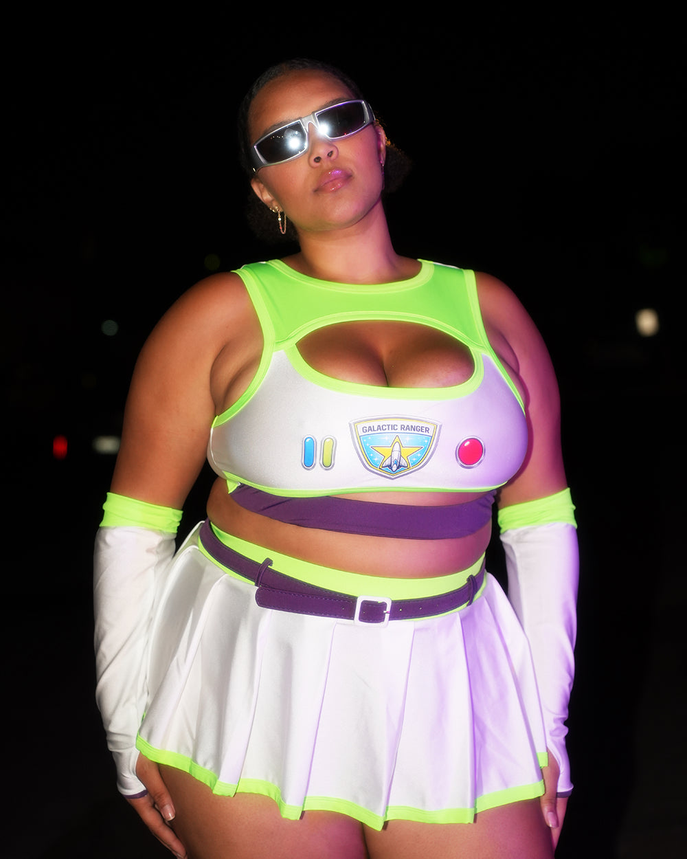Character-Themed Neon Crop Top and Pleated Skirt — Rave Outfits