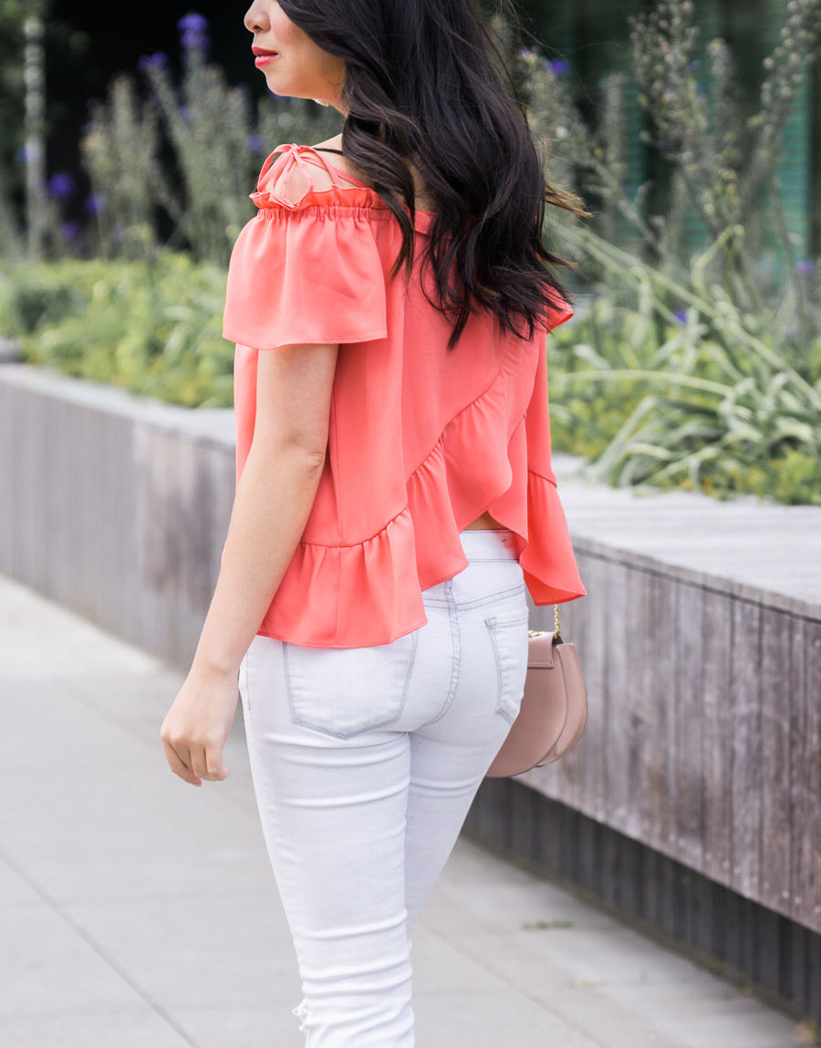 Vacation Vibes: Coral Off-the-Shoulder Top with White Skinny Jeans — Off the Shoulder Top Outfits