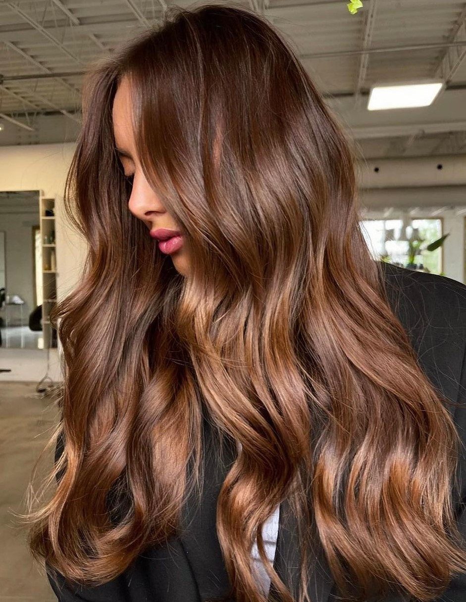 Rich Brown Lob With Warm Caramel Highlights Rich Brown Lob With Warm Caramel Highlights — Caramel Brown Hair