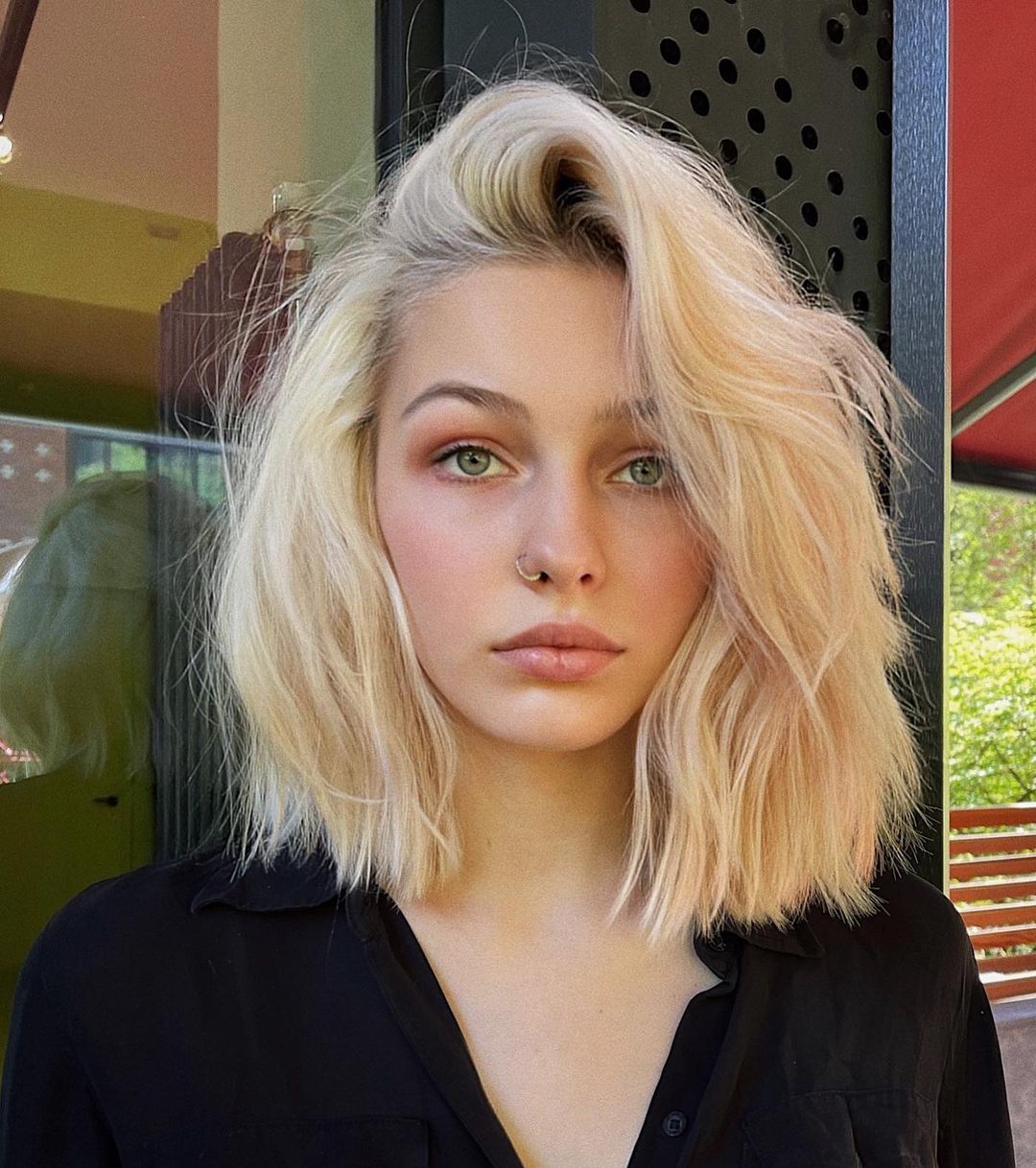 Platinum Blonde Bob With Pink Undertones Platinum Blonde Bob With Pink Undertones — Hair Color for Green Eyes