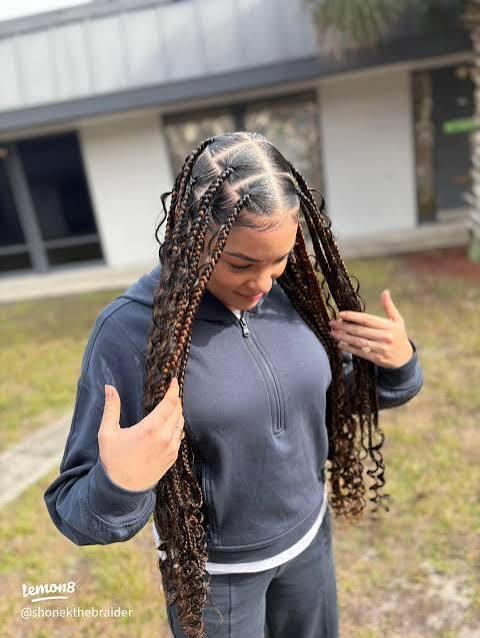Dark Brown Braids with Long Curly Ends — Brown Knotless Braids