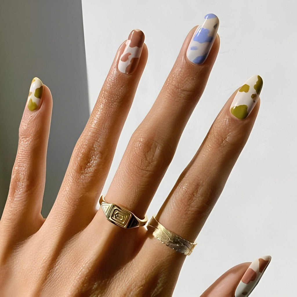 Color-Blocked Cow Print Almonds — Country Concert Nails