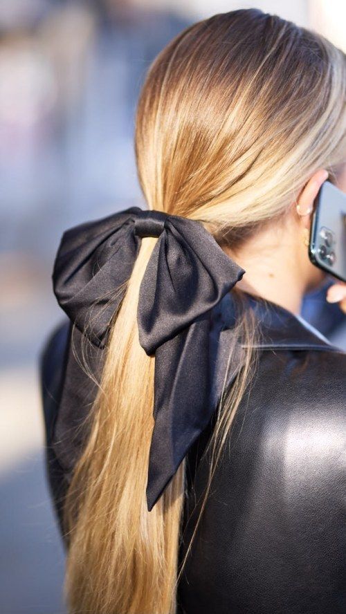 Ash Blonde Ponytail With Black Satin Bow — Low Ponytail with Bow