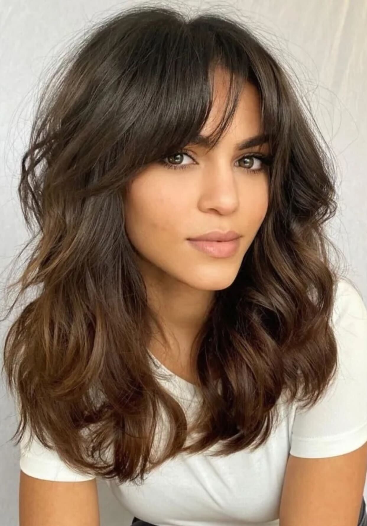 Dark Brown Layered With Full Bangs Dark Brown Layered With Full Bangs — Medium Length Layered Hair