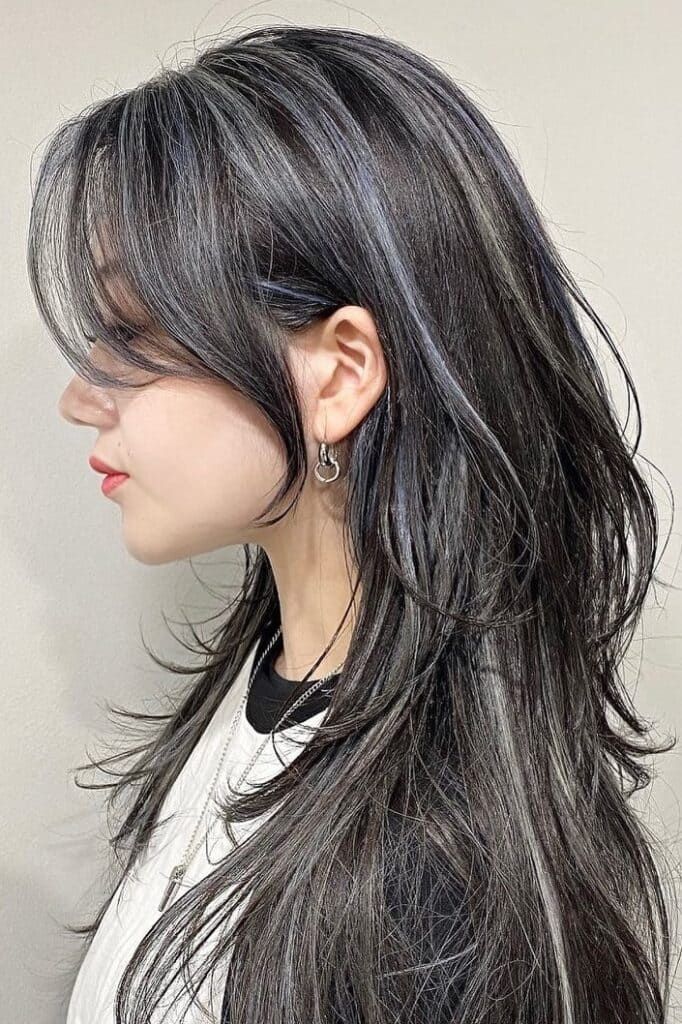 Dark Brown With Blue and Grey Streaks Dark Brown With Blue and Grey Streaks — Hush Cut