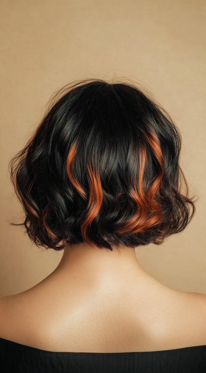 Wavy Bob with Orange Highlights Wavy Bob with Orange Highlights — Black Highlights