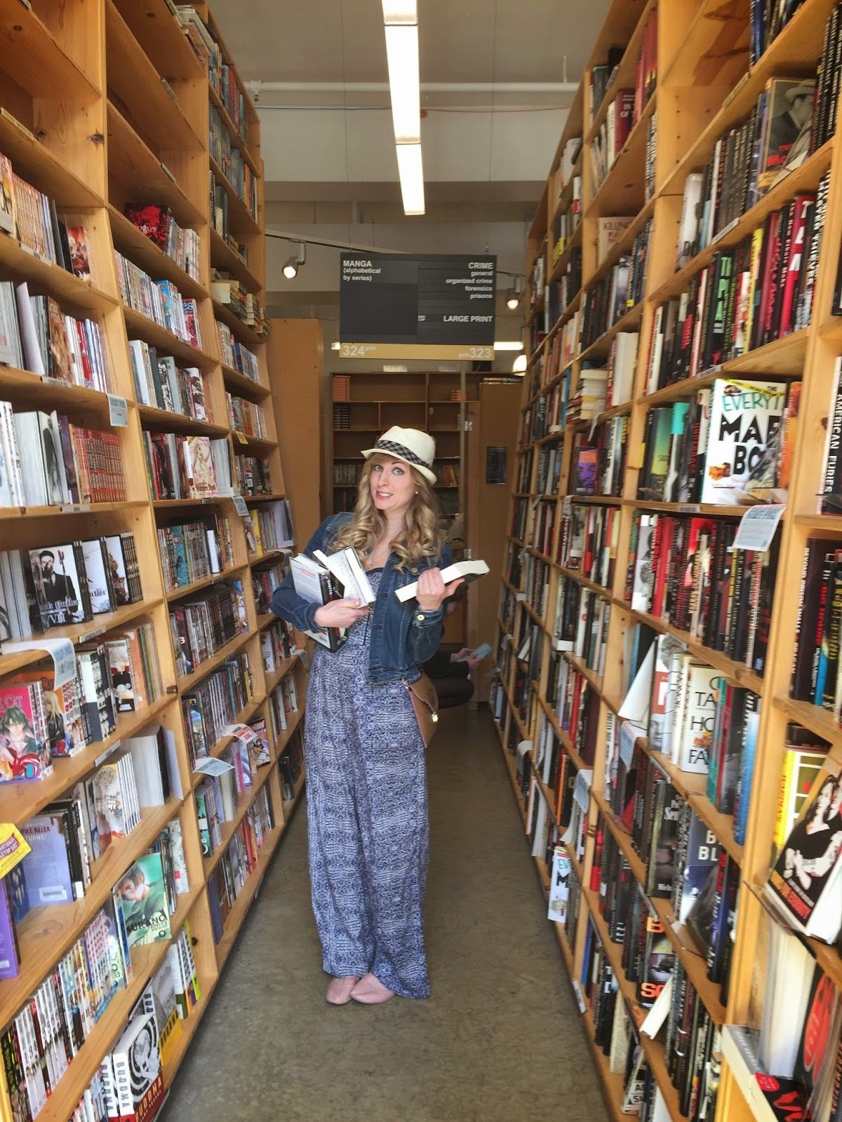 Denim Jacket Over a Patterned Jumpsuit for Bookstore Browsing Denim Jacket Over a Patterned Jumpsuit for Bookstore Browsing — Portland Outfits