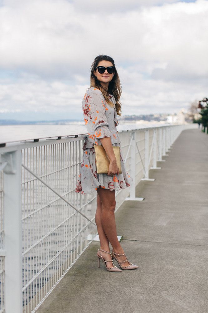 Grey Floral Dress with Orange Accents for Daytime Event Grey Floral Dress with Orange Accents for Daytime Event — Seattle Outfits