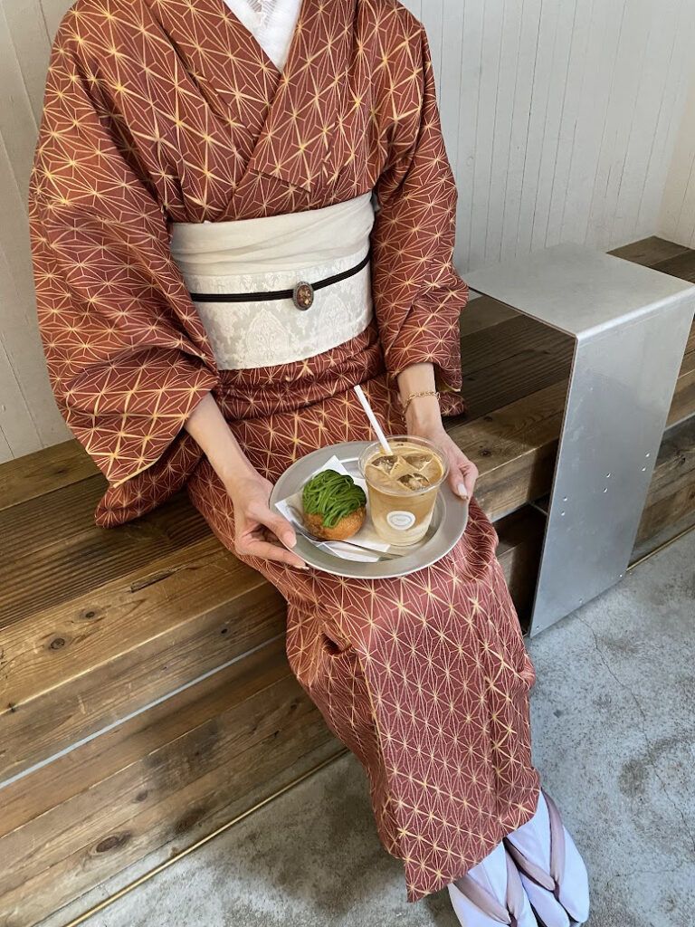 Rust Orange Geometric Kimono for a Casual Kyoto Outing — Kyoto Outfits