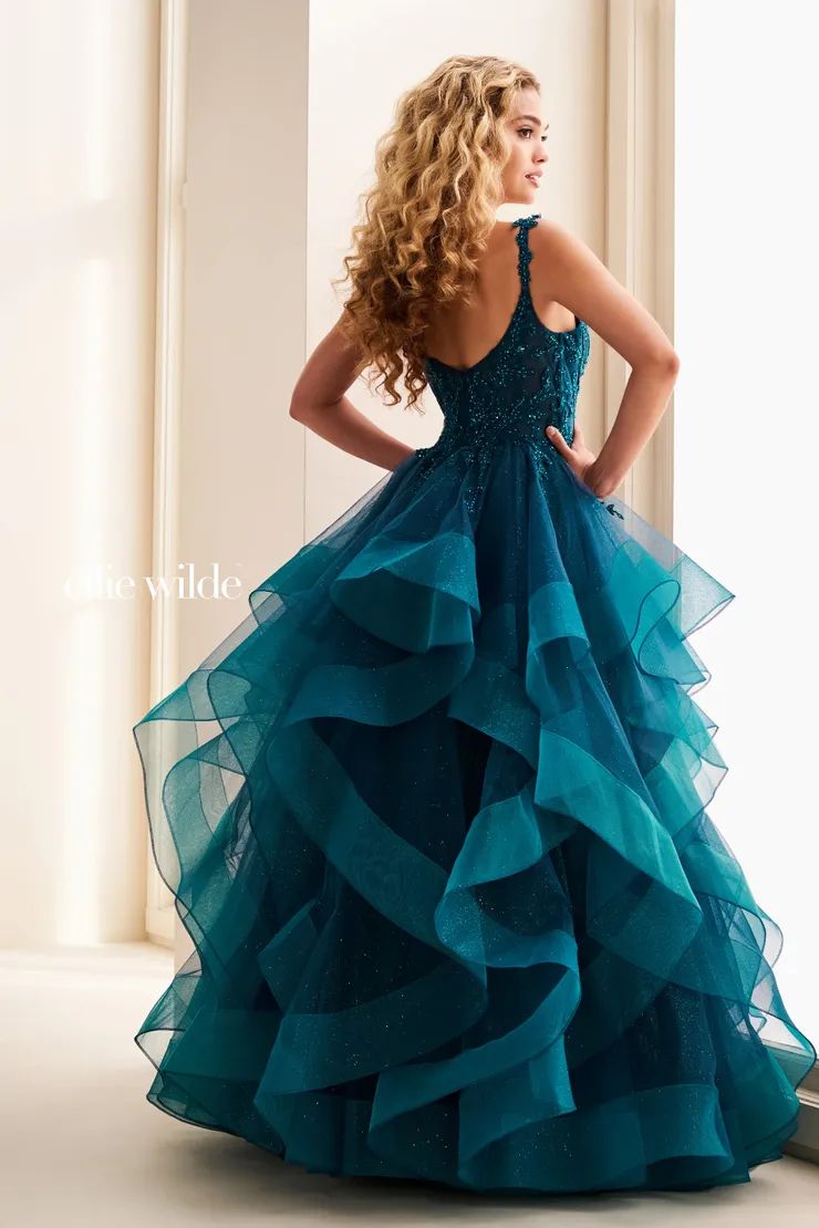 Teal Ball Gown with Glitter Ruffled Tulle Skirt Teal Ball Gown with Glitter Ruffled Tulle Skirt — Ball Gowns