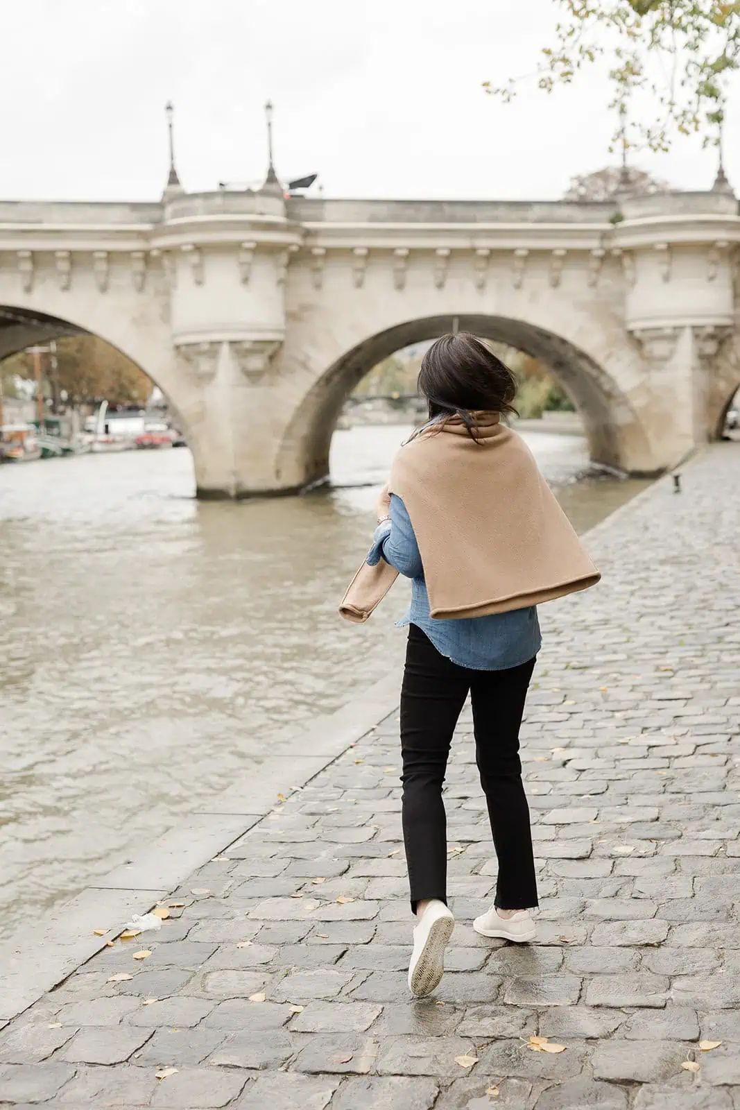 Denim Shirt with Tan Wrap and Black Trousers — Long Flight Outfits