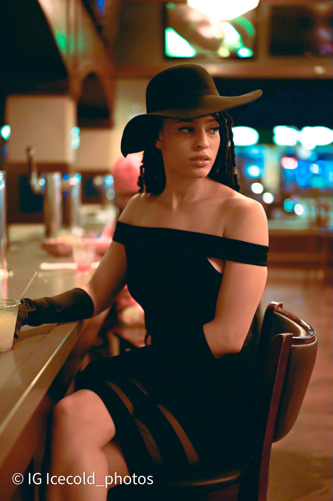 Noir Mystery: Off-the-Shoulder Dress with Sheer Panels and Wide-Brimmed Hat Noir Mystery: Off-the-Shoulder Dress with Sheer Panels and Wide-Brimmed Hat — Femme Fatale Outfits