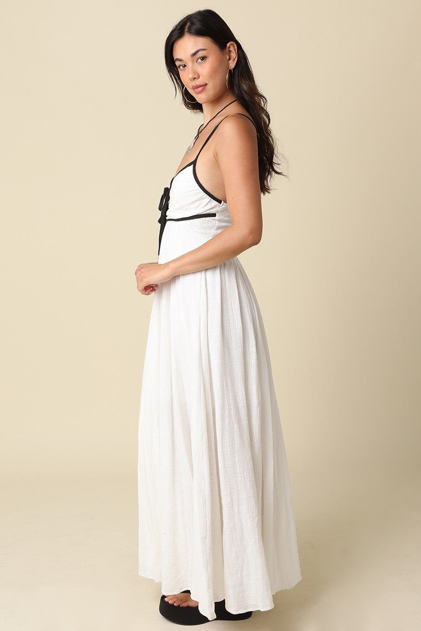 White Textured Maxi Dress with Black Trim and Empire Waist White Textured Maxi Dress with Black Trim and Empire Waist — Bachelorette Dresses