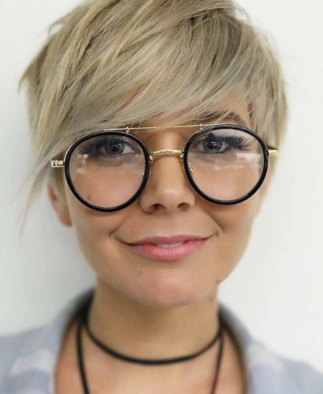 Fine Blonde Pixie With Asymmetrical Bangs — Short Haircuts with Glasses