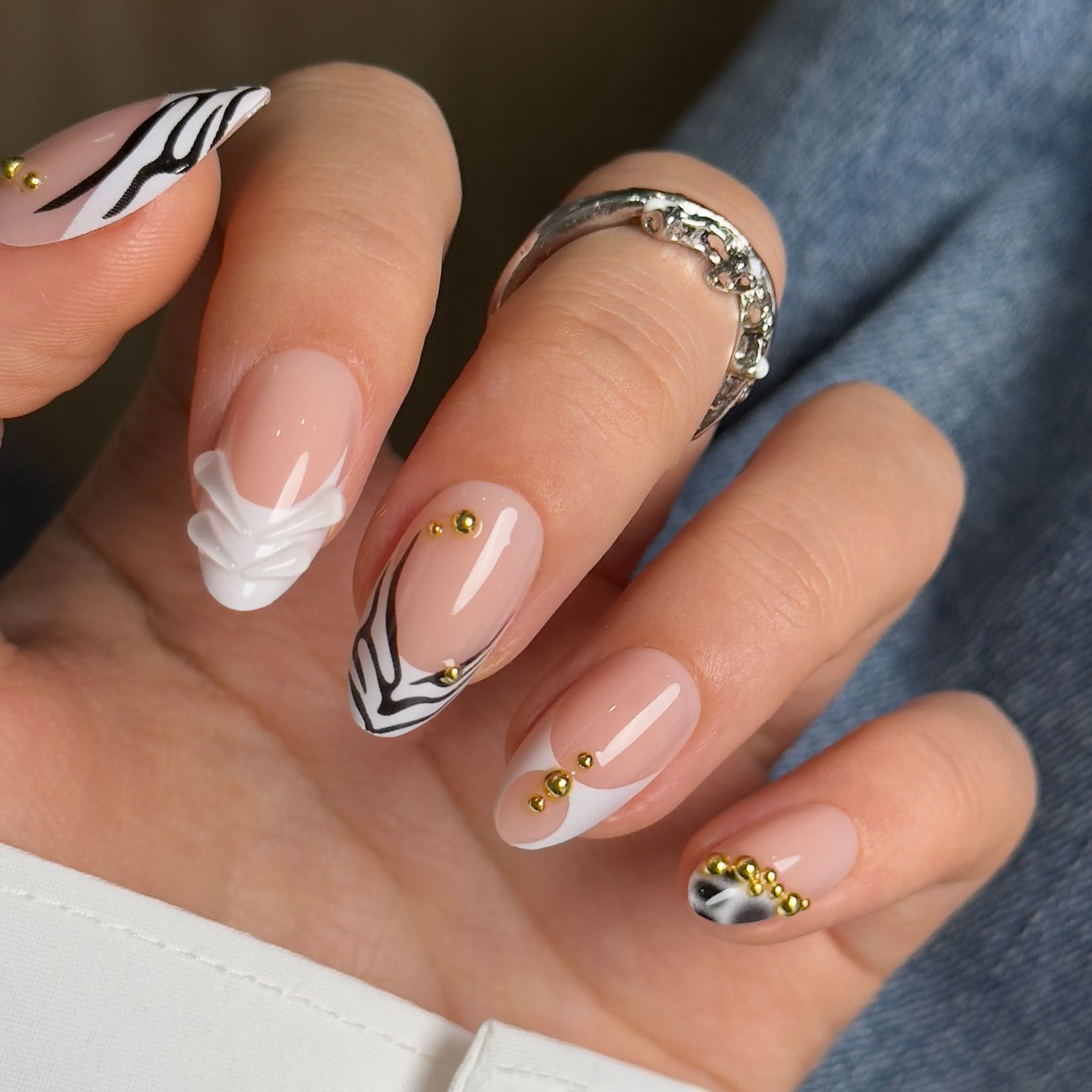Subtle Zebra French Tips with Gold Bead Accents — Zebra Nails