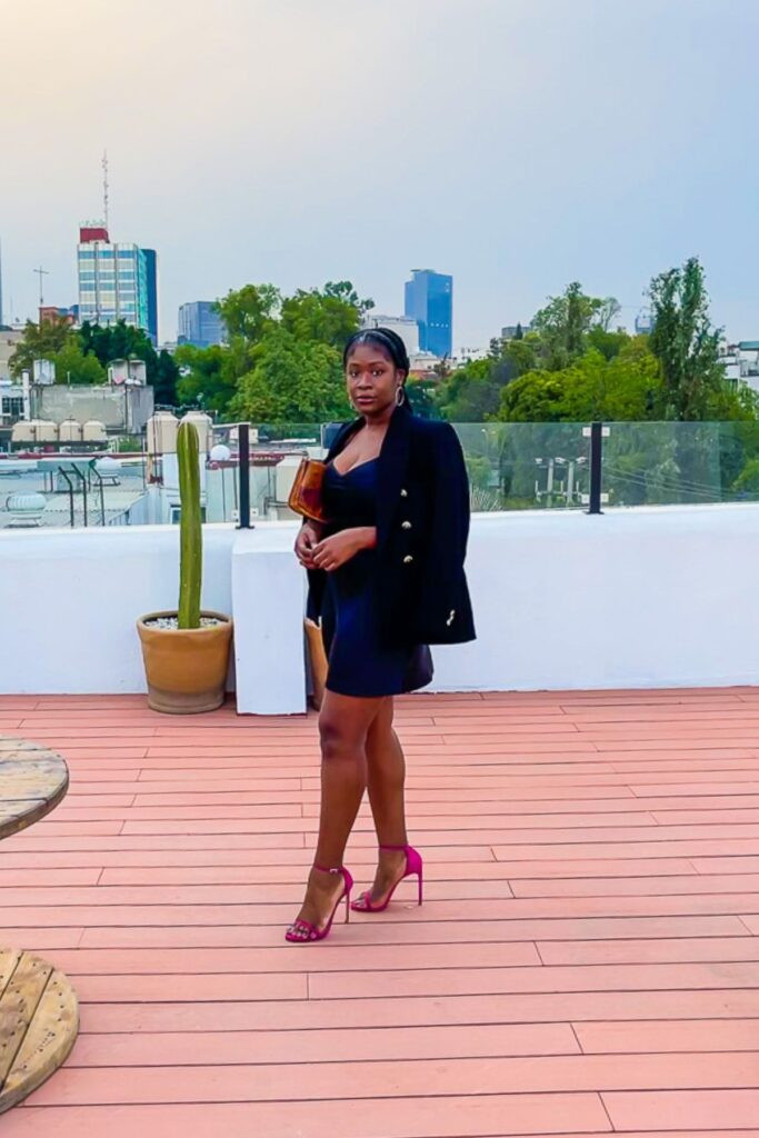 Fitted Black Dress with Structured Blazer and Pink Heels — Mexico City Outfits
