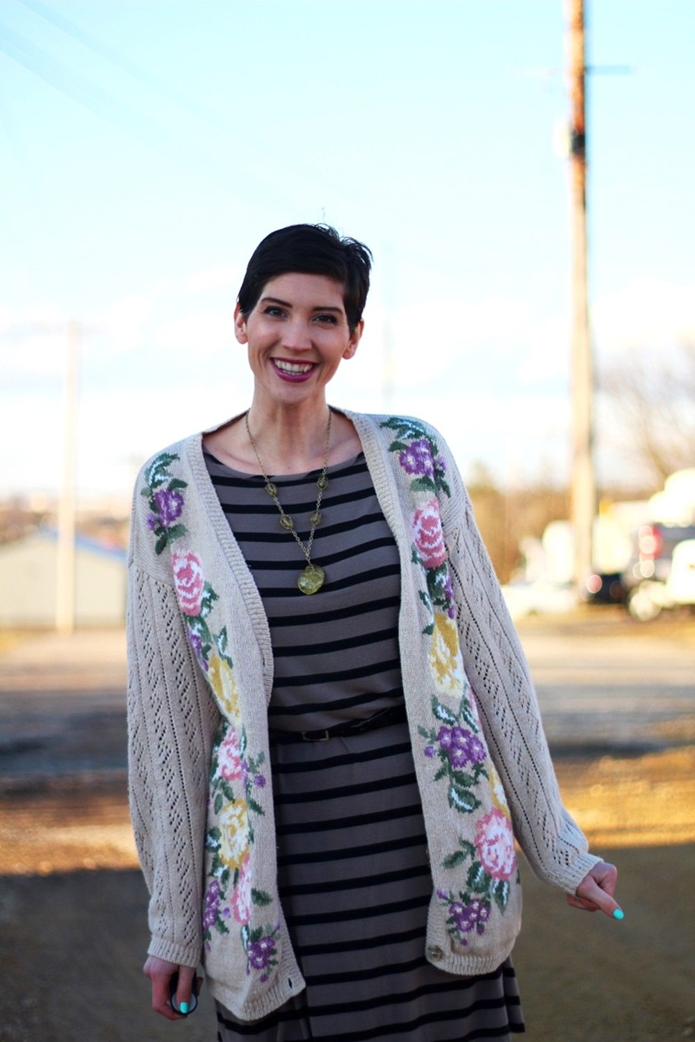 Embroidered Cardigan Comfort: Striped Dress with Floral Layer — Grandma Outfits