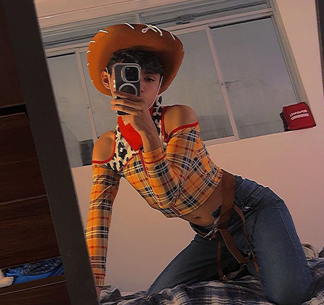 Western-Inspired Femboy Look with Plaid Crop Top and Cowboy Hat Western-Inspired Femboy Look with Plaid Crop Top and Cowboy Hat — Femboy Outfits