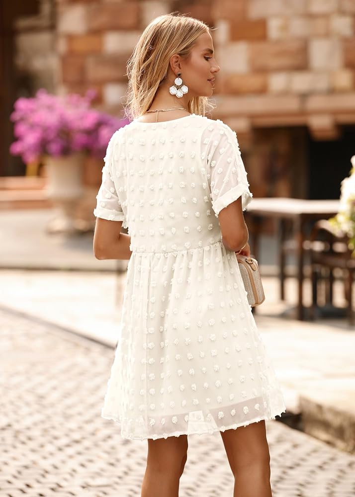 Chic White Textured Dot Mini Dress with Babydoll Silhouette Chic White Textured Dot Mini Dress with Babydoll Silhouette — Graduation Party Outfits