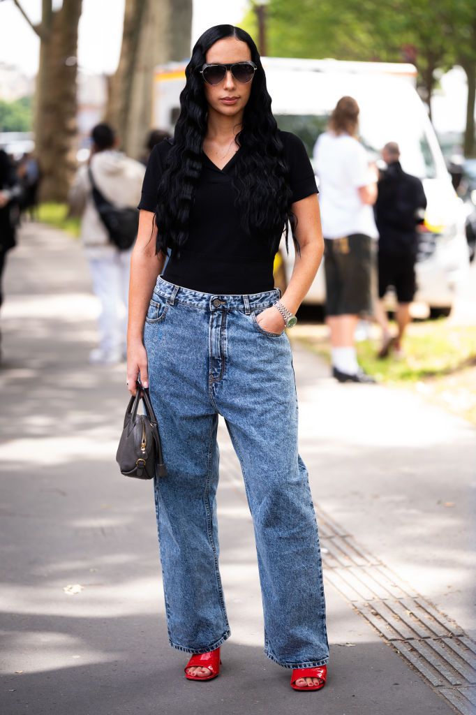 Bold Contrast: Acid Wash Jeans with Red Heels — Straight Leg Jeans